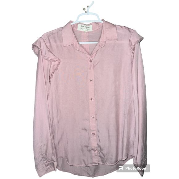 Cloth & Stone Pink Ruffle Shoulder Long Sleeve Button Up Blouse Size Medium - Picture 1 of 7